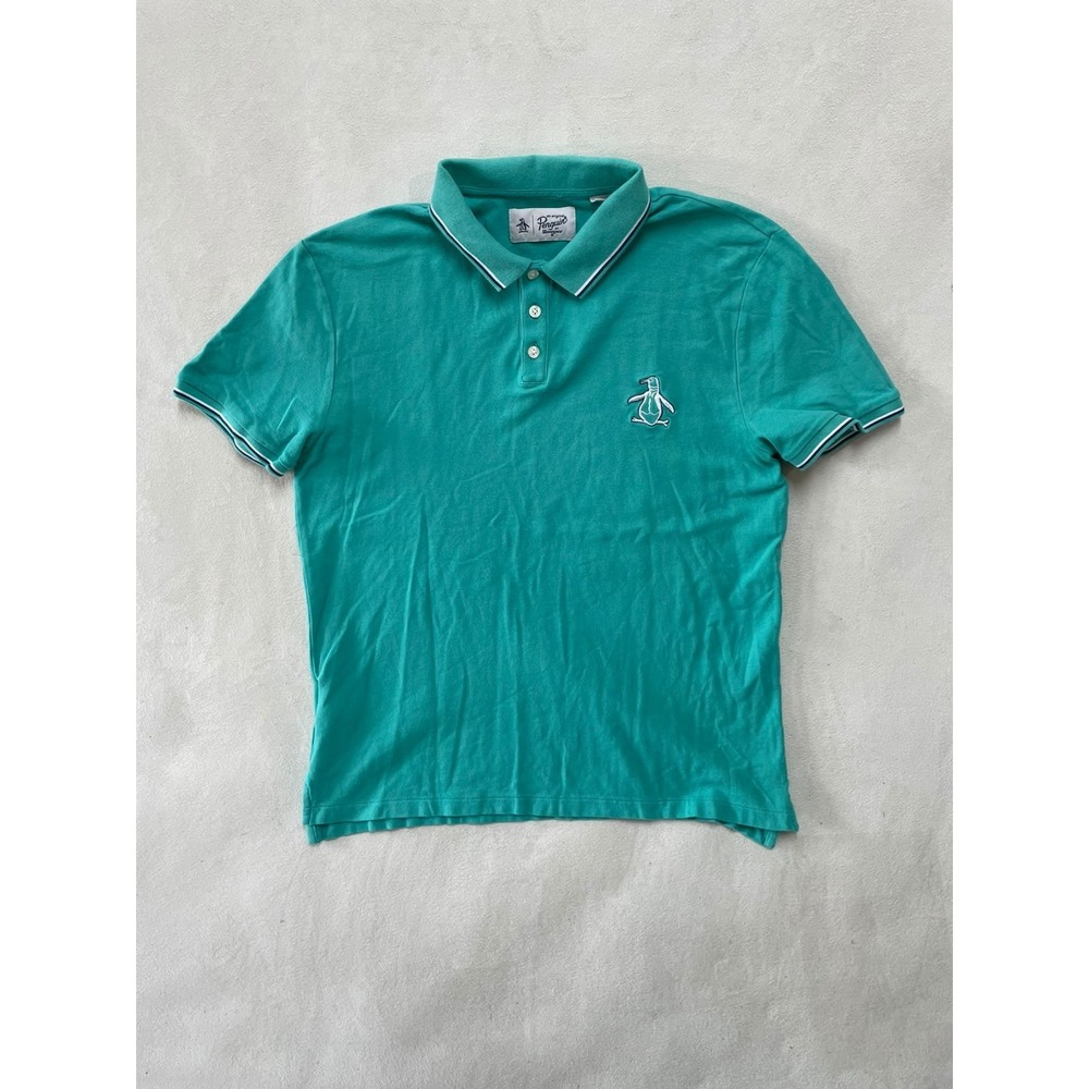 Original Penguin Mens Large Green Pique Cotton Short Sleeve Tipped Polo Shirt